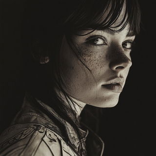 Heliopause Ribbonwork style, Midjourney V6.1: photographic portrait of female protagonist