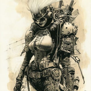 Mistral Caravanserai style, Midjourney V6.1: concept art character design of retropunk steam knight