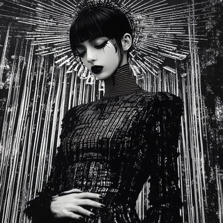 Switchyard Manga Brutalism style, Midjourney V6.1: haute-couture fashion outfit