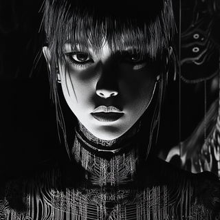 Switchyard Manga Brutalism style, Midjourney V6.1: photographic portrait of female protagonist