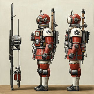 Mythodye style, Midjourney V6.1: concept art character design of retropunk steam knight