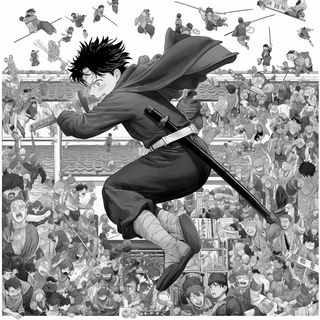 Mythodye style, Midjourney V6.1: black-and-white manga comic strip