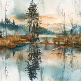 Chromogravure style, Midjourney V6.1: realistic landscape photograph of quiet dawn