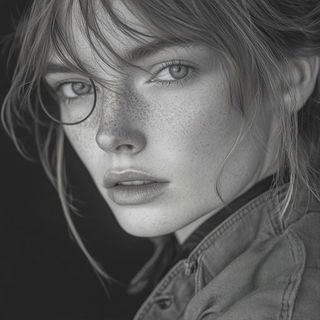 Charcoal Glaciera style, Midjourney V6.1: photographic portrait of female protagonist