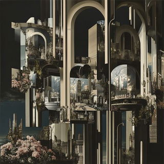 Aster Vale Editorial School style, Midjourney V6.1: megacity with futuristic bioarchitecture