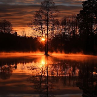 Carnivaleak style, Midjourney V6.1: realistic landscape photograph of quiet dawn