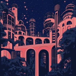 Peachwater Pageant style, Midjourney V6.1: megacity with futuristic bioarchitecture