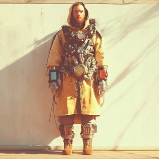Orravik Residency style, Midjourney V6.1: concept art character design of retropunk steam knight