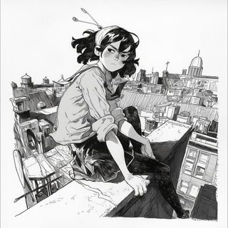 Pilgrimflotilla style, Midjourney V6.1: black-and-white manga comic strip