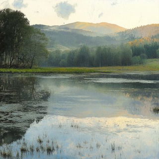 Solar Slat Impressions style, Midjourney V6.1: realistic landscape photograph of quiet dawn