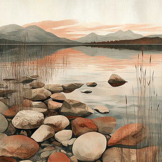 Flatnote Dramaturgy style, Midjourney V6.1: realistic landscape photograph of quiet dawn
