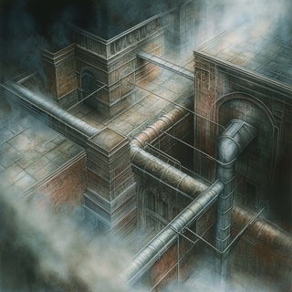 Oxide Wave Foundry style, Midjourney V6.1: technical infrastructure blueprint schematics