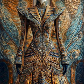 Cloudsplice style, Midjourney V6.1: haute-couture fashion outfit