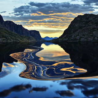 Galegraphica style, Midjourney V6.1: realistic landscape photograph of quiet dawn