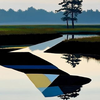 Neurothread style, Midjourney V6.1: realistic landscape photograph of quiet dawn