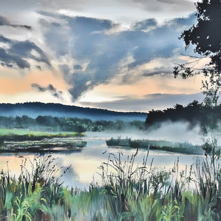 Red Disc Scratchwood style, Midjourney V6.1: realistic landscape photograph of quiet dawn