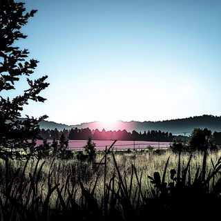 Faultlight style, Midjourney V6.1: realistic landscape photograph of quiet dawn