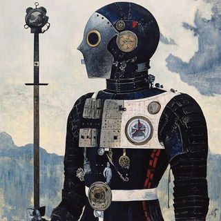 Theseus Current style, Midjourney V6.1: concept art character design of retropunk steam knight
