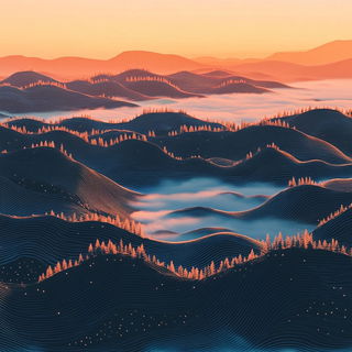 Floracryptics style, Midjourney V6.1: realistic landscape photograph of quiet dawn