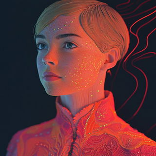 Floracryptics style, Midjourney V6.1: photographic portrait of female protagonist