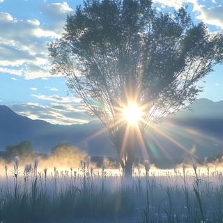 Misprint Riot style, Midjourney V6.1: realistic landscape photograph of quiet dawn