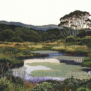 Ink Palm Registry style, Midjourney V6.1: realistic landscape photograph of quiet dawn