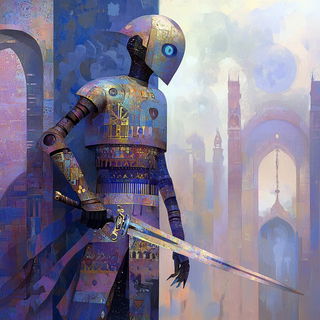Terracelestia style, Midjourney V6.1: concept art character design of retropunk steam knight