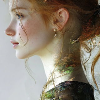 Basidiomata Beyond the Floodplain style, Midjourney V6.1: photographic portrait of female protagonist