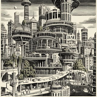 Celshade Panorism style, Midjourney V6.1: megacity with futuristic bioarchitecture