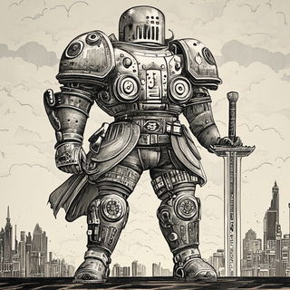 Celshade Panorism style, Midjourney V6.1: concept art character design of retropunk steam knight