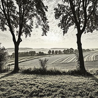 Celshade Panorism style, Midjourney V6.1: realistic landscape photograph of quiet dawn