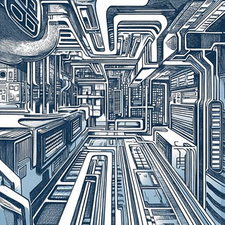 Celshade Panorism style, Midjourney V6.1: technical infrastructure blueprint schematics