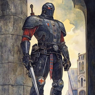Stipplorama style, Midjourney V6.1: concept art character design of retropunk steam knight