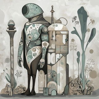 Turquoise Cartography style, Midjourney V6.1: concept art character design of retropunk steam knight