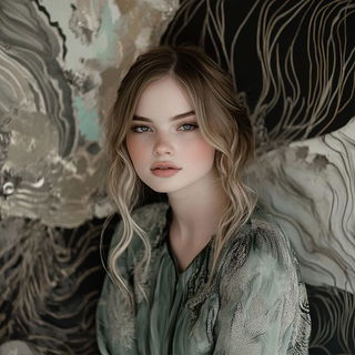 Turquoise Cartography style, Midjourney V6.1: photographic portrait of female protagonist