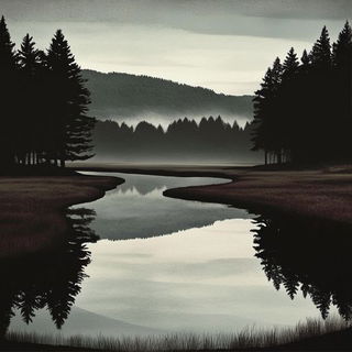 Hatched Goblinism style, Midjourney V6.1: realistic landscape photograph of quiet dawn