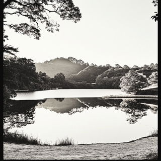 Risoquake style, Midjourney V6.1: realistic landscape photograph of quiet dawn