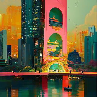 Ribbonwash style, Midjourney V6.1: megacity with futuristic bioarchitecture