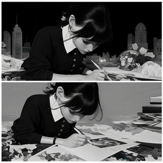 Ribbonwash style, Midjourney V6.1: black-and-white manga comic strip
