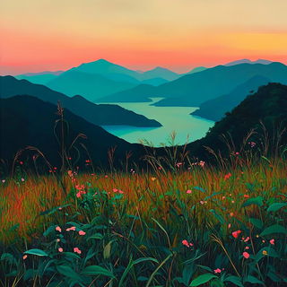 Ribbonwash style, Midjourney V6.1: realistic landscape photograph of quiet dawn