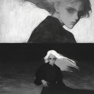 Monumental Ink Silence style, Midjourney V6.1: black-and-white manga comic strip