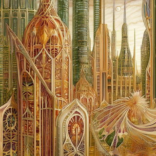 Scanline Solstice style, Midjourney V6.1: megacity with futuristic bioarchitecture