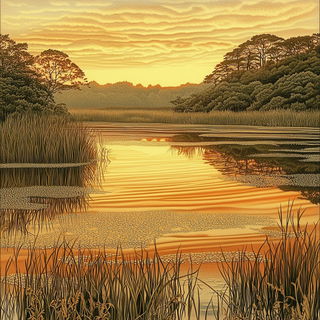 Scanline Solstice style, Midjourney V6.1: realistic landscape photograph of quiet dawn