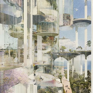 Watercolor Mythoperegrine style, Midjourney V6.1: megacity with futuristic bioarchitecture