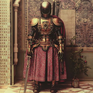 Mythoturbulence style, Midjourney V6.1: concept art character design of retropunk steam knight