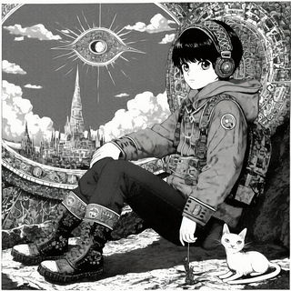 Mythoturbulence style, Midjourney V6.1: black-and-white manga comic strip