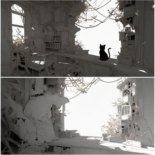 Cloakentrelle style, Midjourney V6.1: black-and-white manga comic strip
