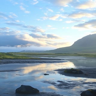 Azurine Folklore style, Midjourney V6.1: realistic landscape photograph of quiet dawn