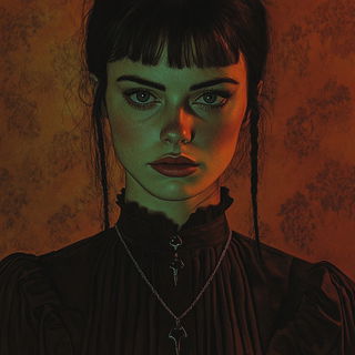 Fossilfable style, Midjourney V6.1: photographic portrait of female protagonist