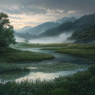 Marmora Vortex style, Midjourney V6.1: realistic landscape photograph of quiet dawn